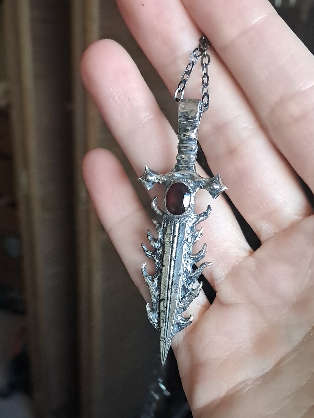 Sword & Scythe Garnet Silver Sword Pendant Necklace